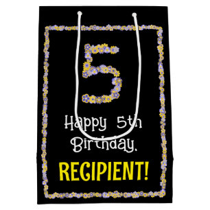 5th Birthday: Floral Flowers Number, Custom Name Medium Gift Bag