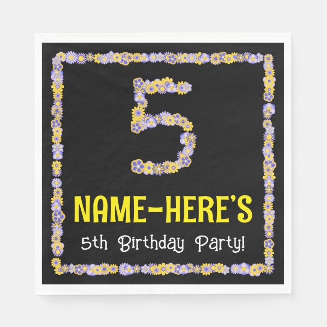 5th Birthday: Floral Flowers Number, Custom Name Napkins (Front)