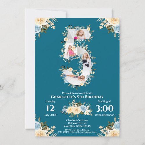 5th Birthday Flower Teal Photo Collage Blue Yellow Invitation