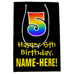 5th Birthday: Fun, Bold, Colorful, Rainbow "5" Medium Gift Bag