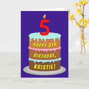 5th Birthday: Fun Cake and Candle + Custom Name Card