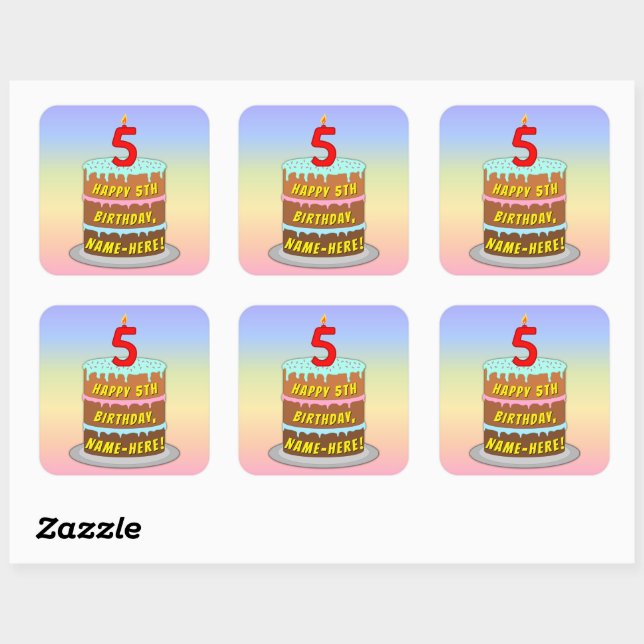 5th Birthday: Fun Cake and Candle + Custom Name Square Sticker (Sheet)