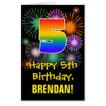 [ Thumbnail: 5th Birthday: Fun Fireworks Pattern & Rainbow 5 Card ]