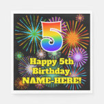 [ Thumbnail: 5th Birthday: Fun Fireworks Pattern + Rainbow 5 Napkins ]
