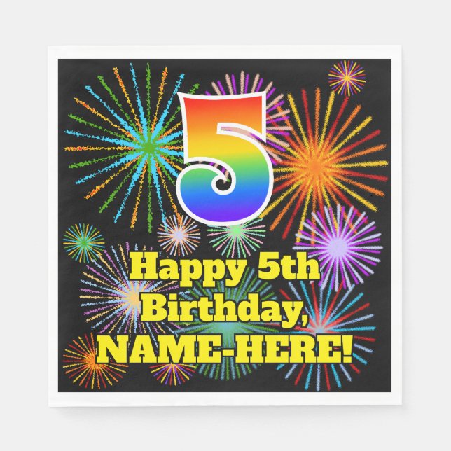 5th Birthday: Fun Fireworks Pattern + Rainbow 5 Napkins (Front)