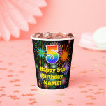 [ Thumbnail: 5th Birthday: Fun Fireworks Pattern + Rainbow 5 Paper Cups ]