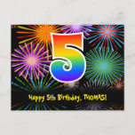 [ Thumbnail: 5th Birthday – Fun Fireworks Pattern + Rainbow 5 Postcard ]