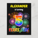 [ Thumbnail: 5th Birthday - Fun Fireworks, Rainbow Look "5" Postcard ]