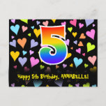 [ Thumbnail: 5th Birthday: Fun Hearts Pattern, Rainbow 5 Postcard ]