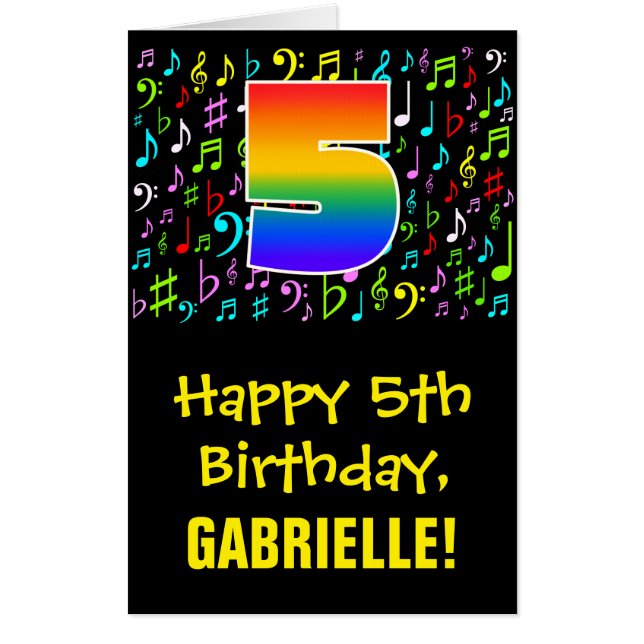 5th Birthday: Fun Music Symbols + Rainbow # 5 Card (Front)