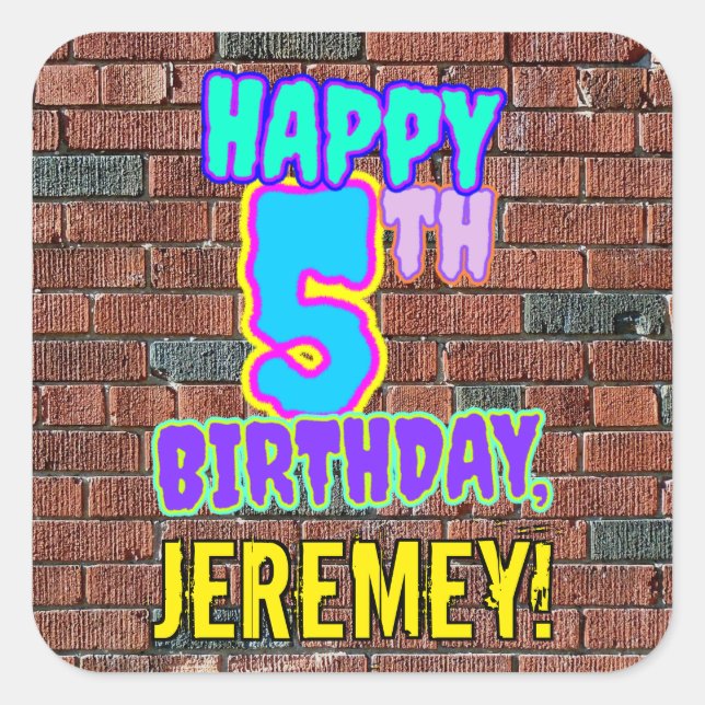 5th Birthday – Fun, Urban Graffiti Inspired Look Square Sticker (Front)