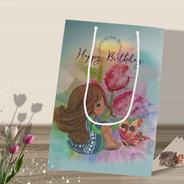 5th birthday girl butterfly medium gift bag (5th birthday girl butterfly medium gift bag)