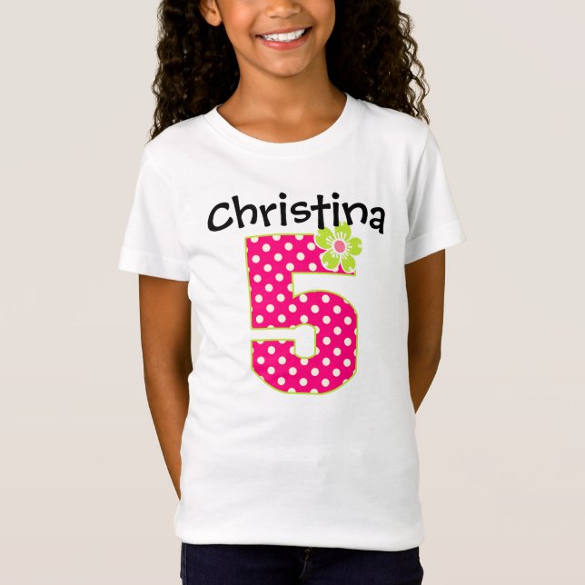 5th Birthday Girl Hot Pink & Green Dots T-Shirt (Front)