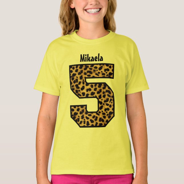 5th Birthday Girl LEOPARD Five Year Custom Name V2 T-Shirt (Front)