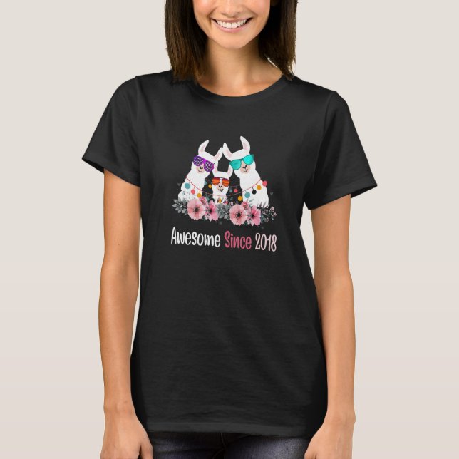 5th Birthday Girl Llama Awesome Since 2018 5 Year  T-Shirt (Front)