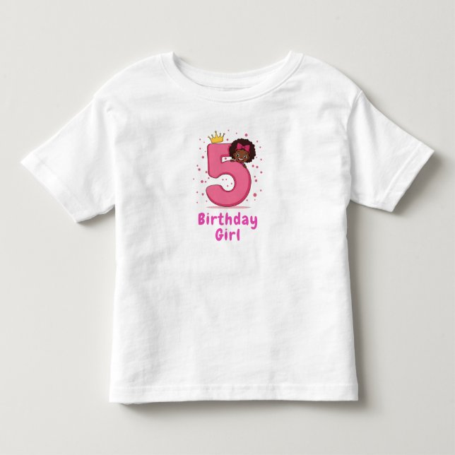 5th Birthday Girl Pink Number Crown Curly Hair Toddler T-shirt (Front)
