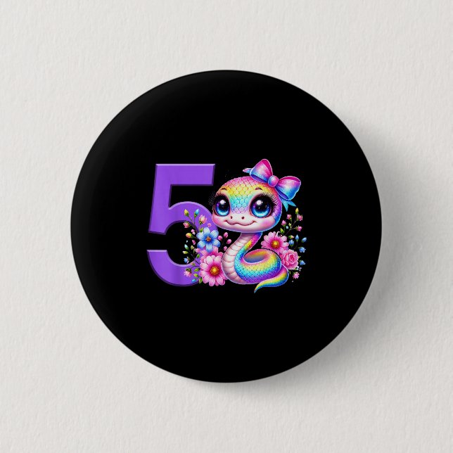 5th Birthday Girl Snake Party Rainbow Coquette Bow Button (Front)