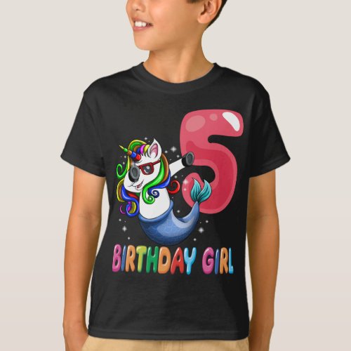 5th Birthday Girl Unicorn Mermaid 5 years old Bday T_Shirt