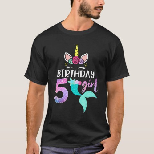 5th Birthday Girl Unicorn  Mermaid Tail 5 Years Ol T_Shirt