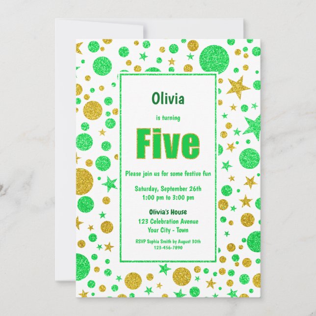 5th Birthday Green and Gold Glitter Party Invitation (Front)
