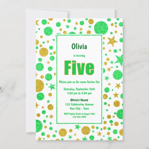 5th Birthday Green and Gold Glitter Party Invitation