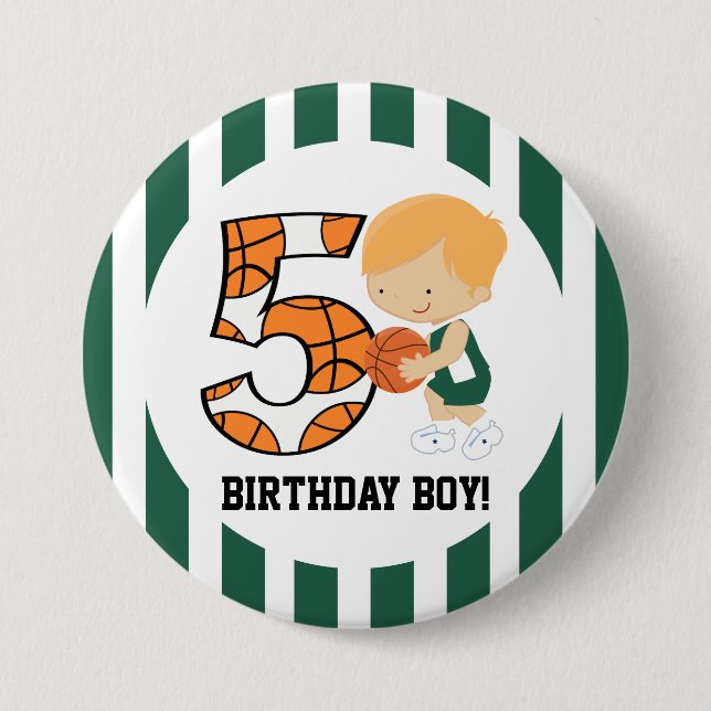 5th Birthday Green and White Basketball Player v2 Button (Front)