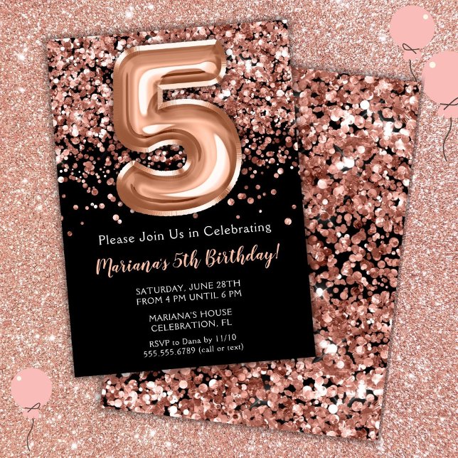 5th Birthday Invitation Black Rose Gold Glitter (Creator Uploaded)