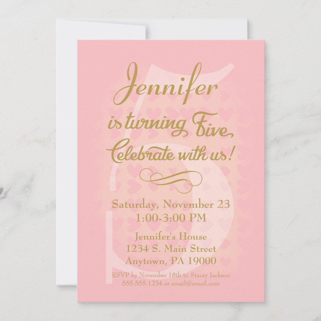 5th Birthday Invitation Girls Pink Gold Hearts | Zazzle