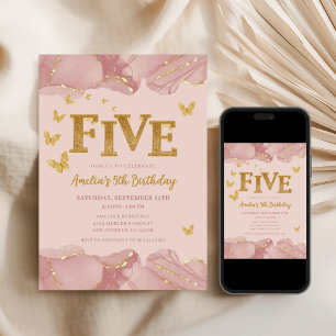 5th Birthday Invitation Pink Gold Glitter Girl