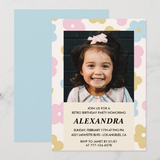 5th birthday invitation Retro Groovy Flowers Cute (Front/Back)