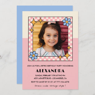 5th birthday invitation Retro Groovy Pink Flowers