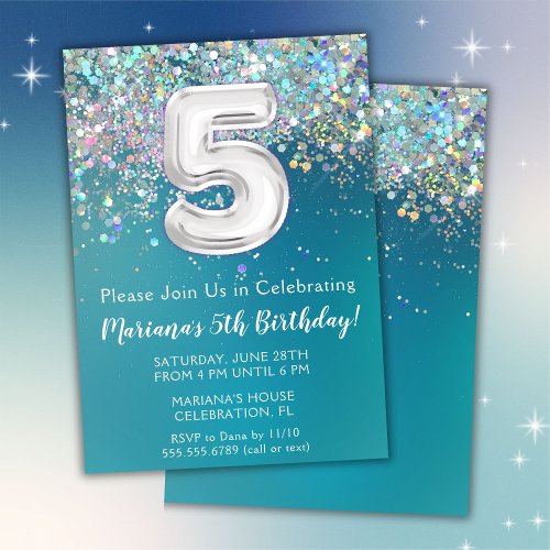 5th Birthday Invitation Teal Silver Glitter