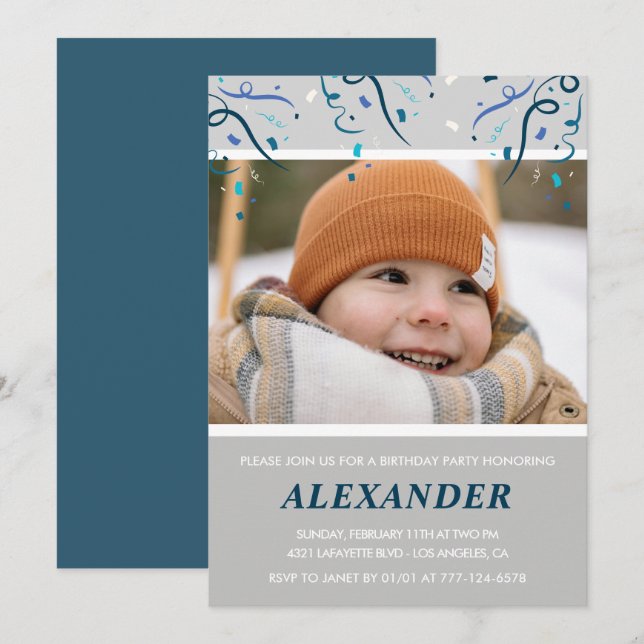 5th birthday invitations Boy Confetti Photo Navy (Front/Back)