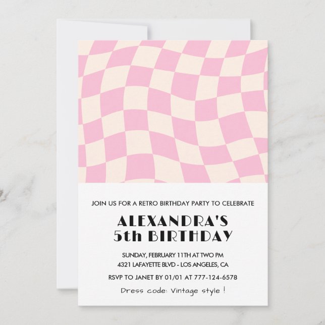 5th birthday invitations Checkered Retro Pink  (Front)