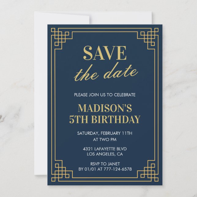 5th birthday invitations Girl Save the date Navy (Front)