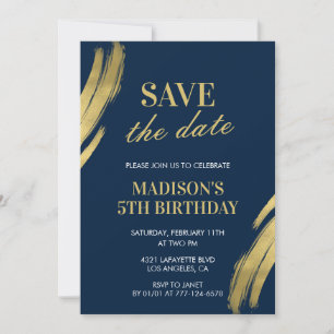 5th birthday invitations Save the date Navy Gold