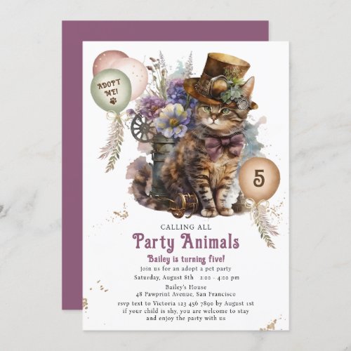 5th Birthday Kitten Cat Pet Adoption Party Invitation