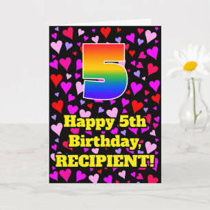 5th Birthday: Loving Hearts Pattern, Rainbow # 5 Card
