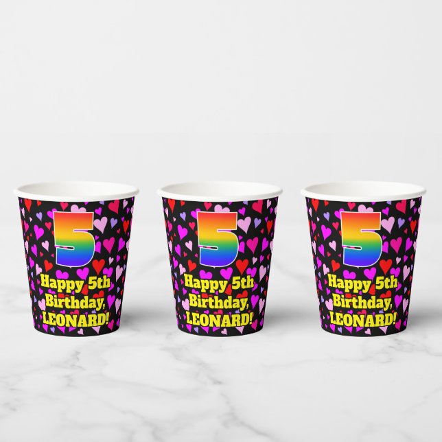 5th Birthday: Loving Hearts Pattern, Rainbow 5 Paper Cups (Multi)
