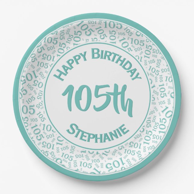 5th Birthday Modern Number Pattern Teal/White Paper Plates (Front)