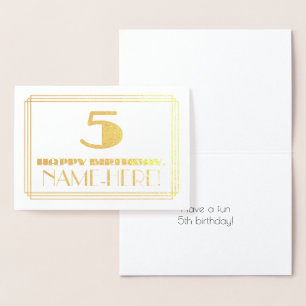 5th Birthday; Name + Art Deco Inspired Look "5" Foil Card
