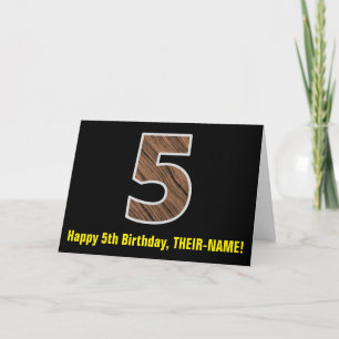 5th Birthday: Name + Faux Wood Grain Pattern "5" Card