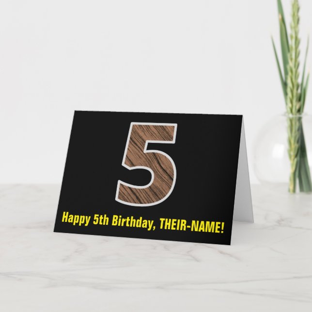 5th Birthday: Name + Faux Wood Grain Pattern "5" Card (Front)