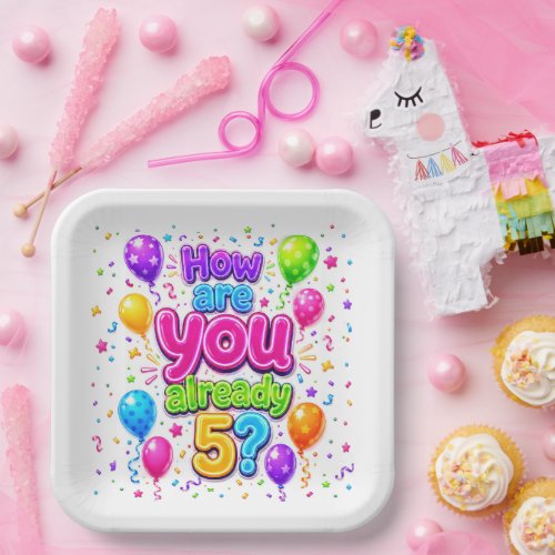 5th Birthday Neon Party Balloons and Confetti Paper Plates