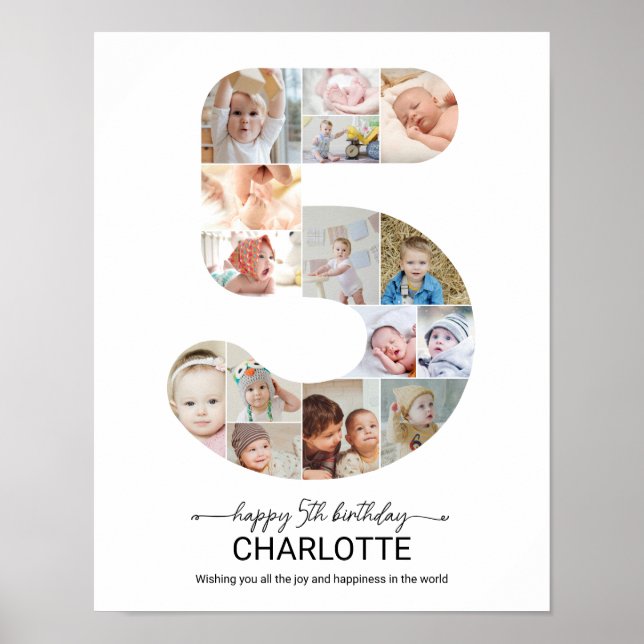 5th Birthday Number 5 Photo Collage Custom Picture Poster (Front)