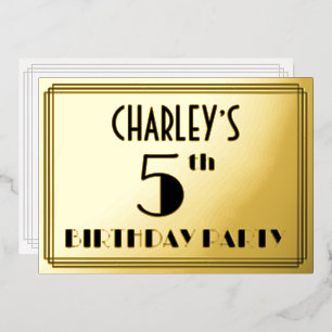 5th Birthday Party — Art Deco Look “5” + Name Foil Invitation