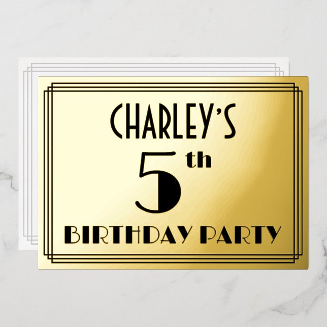 5th Birthday Party — Art Deco Look “5” + Name Foil Invitation (Front/Back)