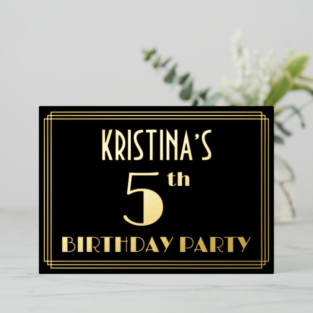 5th Birthday Party: Art Deco Look “5”, w/ Name Foil Invitation (Standing Front)