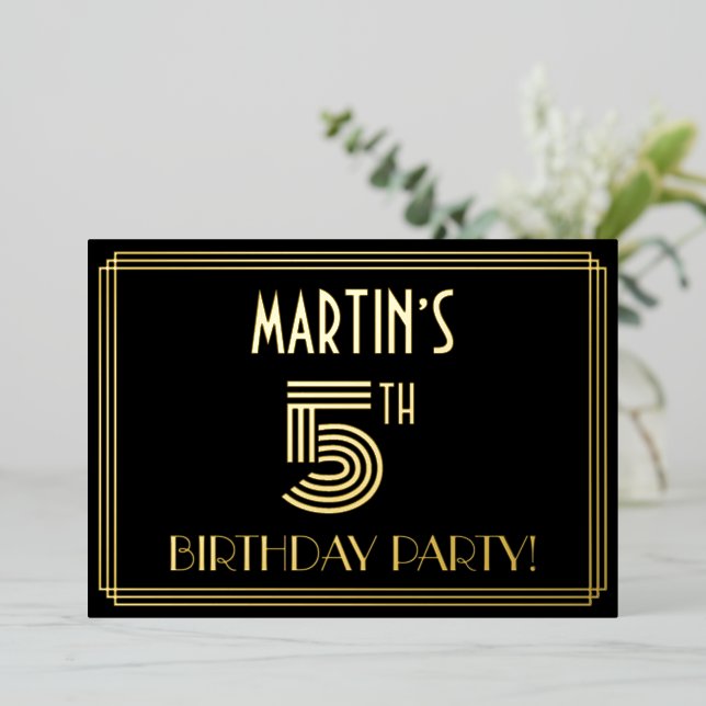 5th Birthday Party — Art Deco Style “5” + Name Foil Invitation (Standing Front)