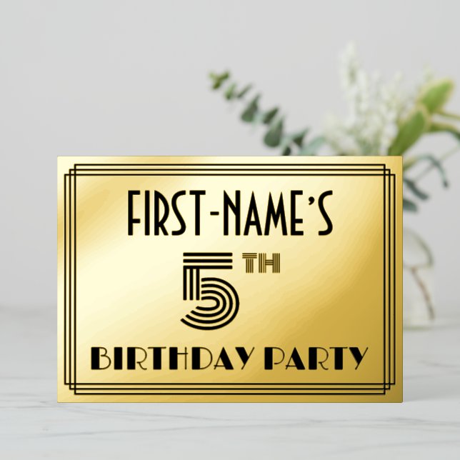 5th Birthday Party — Art Deco Style “5” & Name Foil Invitation (Standing Front)